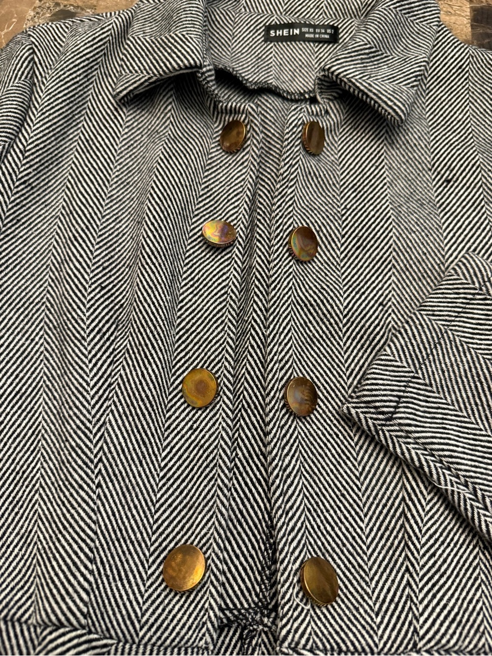 SHEIN Gray Herringbone Peplum Blazer with Gold Buttons - Picture 7 of 16